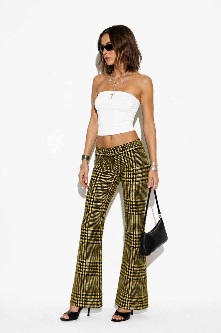 Versace | Rare Vintage Y2K Yellow & Black Houndstooth Low Rise Flare Trousers 0